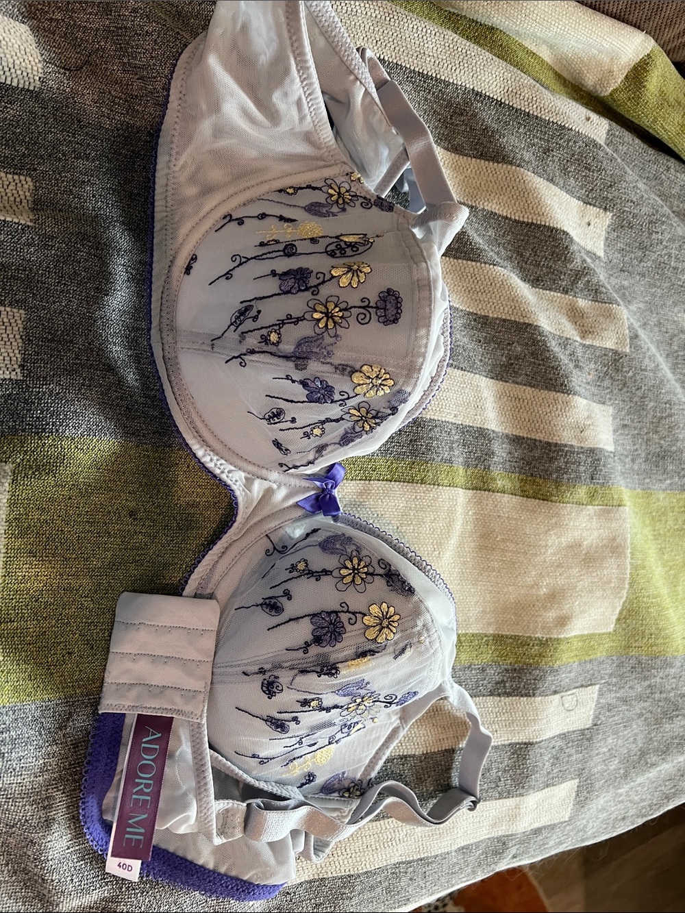 Adore Me White Bra with Purple & Gold Floral Embroidery